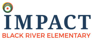 Logo for Impact Public Schools, Black River Elementary. Impact is in blue text, with 'Black River Elementary' written underneath in orange text. The 'i' in 'Impact' is dotted with a circle containing a star.
